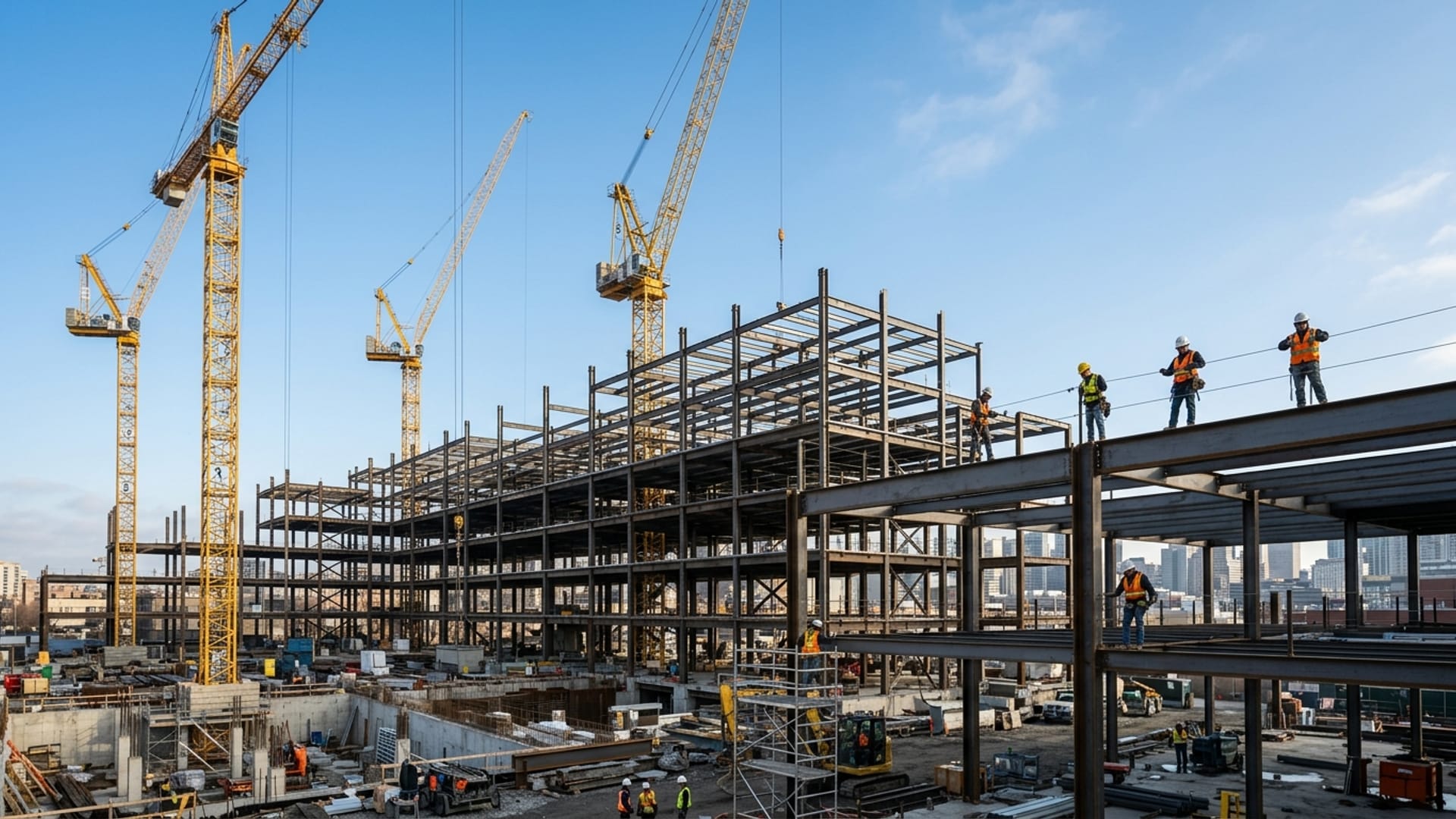 Indianapolis construction recruiters at a steel-frame construction site with cranes under a blue sky